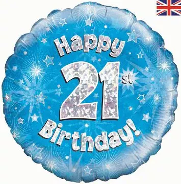 Oaktree 18 inch Happy 21st Birthday Blue Holographic Foil Balloon