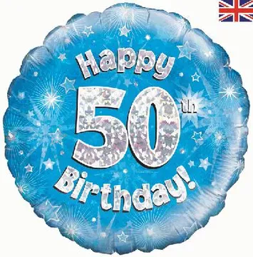 Oaktree 18 inch Happy 50th Birthday Blue Holographic Foil Balloon
