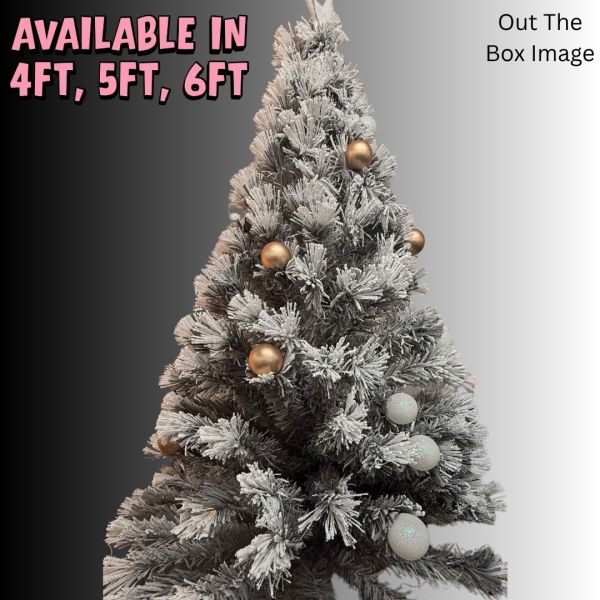New Pre Lit Green Fir White Snow Gold/White Bauble Artificial Christmas Tree (Various Sizes)