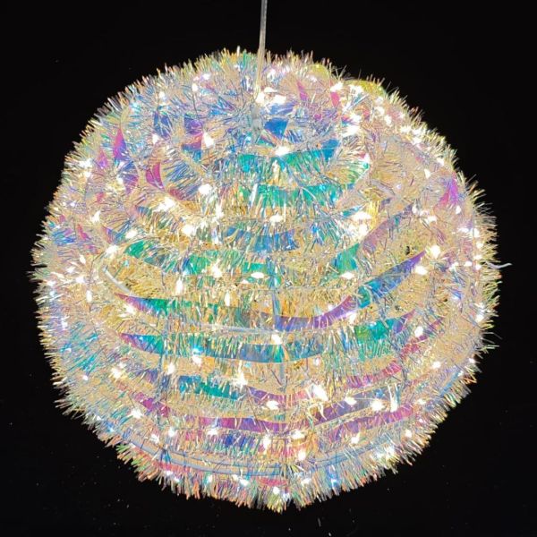 LED Metal Light Up Hanging Iridescent Tinsel Hanging Ball 30cm Warm White