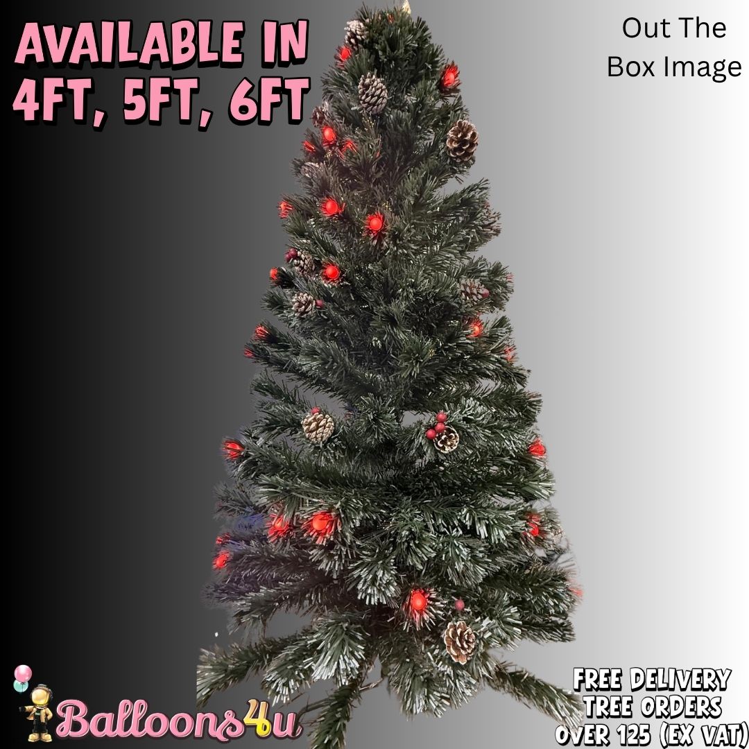 New Pre Lit Green Fir Pine Cone Red Bauble Artificial Christmas Tree (Various Sizes)