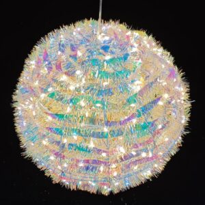 LED Metal Light Up Hanging Iridescent Tinsel Hanging Ball 30cm Warm White