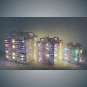 Set of 3 LED Metal Frame Giftbox with Iridescent Beads