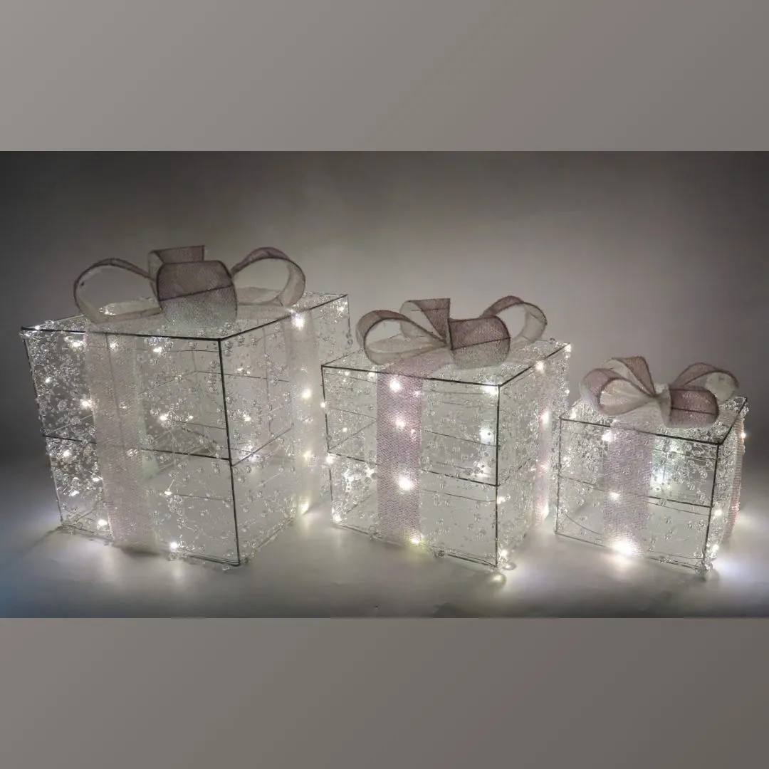 Set of 3 Metal Frame Giftbox with Clear Beads