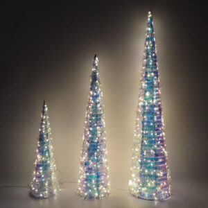 Set Of 3 LED Metal Cone Trees Iridescent Tinsel