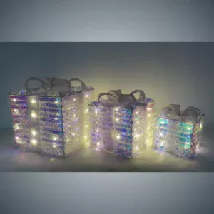 Set of 3 LED Metal Frame Giftbox with Iridescent Beads