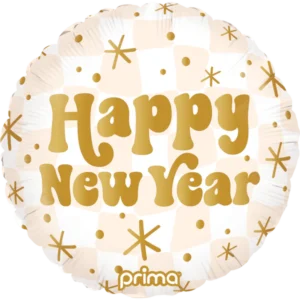 Prima 18 inch Round Happy New Year Gold & Neutral Checker Foil Balloon