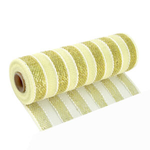 Oaktree Eleganza 25cm x 9.1m Metallic Gold & Ivory Stripe Deco Mesh
