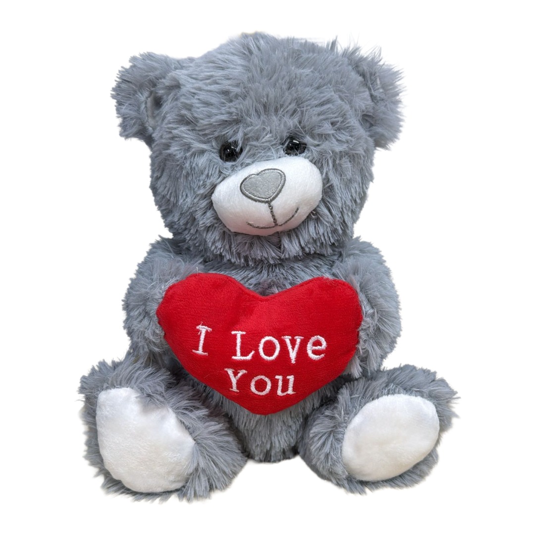 10 inch Sitting Grey Furry Teddy Bear with I LOVE YOU Red Heart