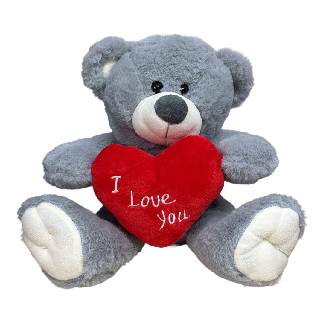 11 inch Sitting Grey Furry Teddy Bear with I LOVE YOU Red Heart