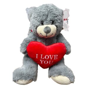 15 inch Sitting Grey Furry Teddy Bear with I LOVE YOU Red Heart