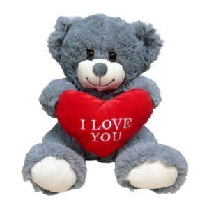 11 inch Sitting Grey Furry Teddy Bear with I LOVE YOU Red Heart