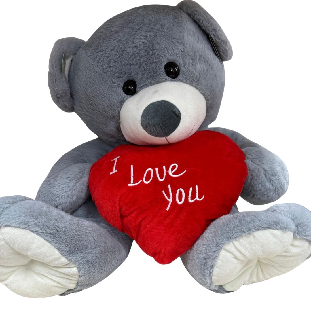 24 inch Sitting Grey Teddy Bear with I LOVE YOU Red Heart