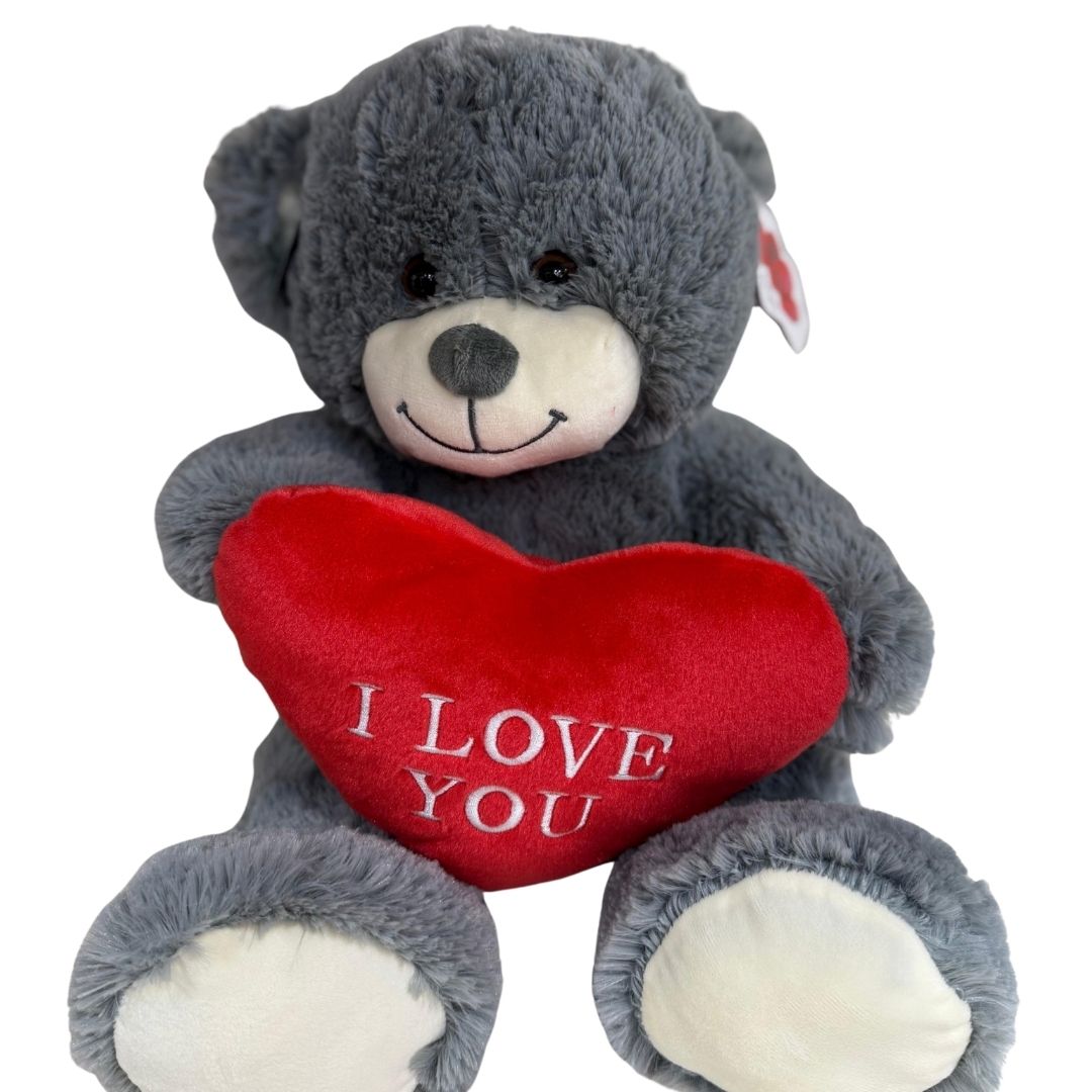 24 inch Giant Sitting Grey Furry Teddy Bear with I LOVE YOU Red Heart