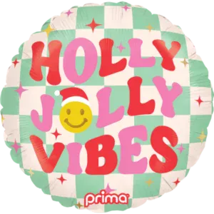 Prima 18 inch Round Holly Jolly Vibes Checker Foil Balloon