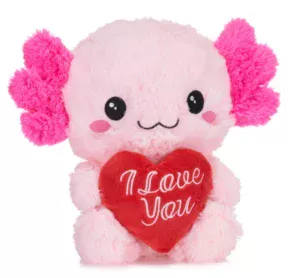 9 inch Sitting Pink AXOLOTL with I LOVE YOU Red Heart