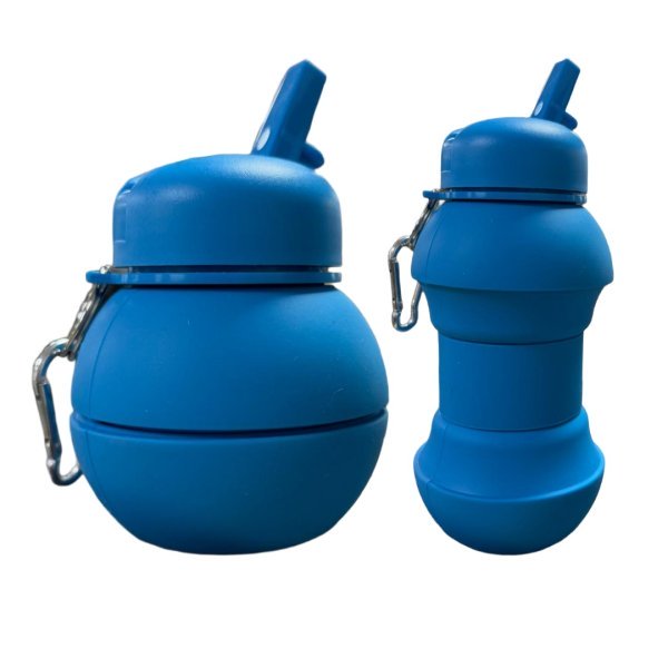 Blue Collapsible Silicone Water Bottle With Carabiner Clip