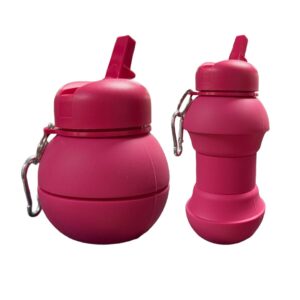 Hot Pink Collapsible Silicone Water Bottle With Carabiner Clip