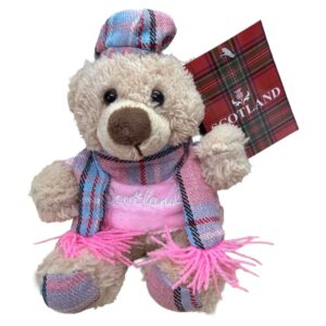Small Cute Scotland Souvenir Teddy Bear with Tartan Scarf & Hat Key Ring