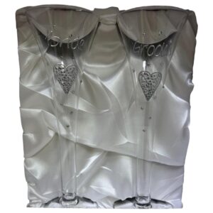 Bride & Groom Champagne Flute Glass Set With Diamante Hearts