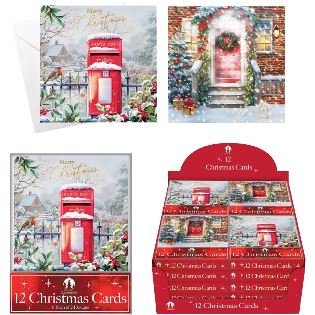 12 XMAS Cards, Acetate Post Box & Door (24pk)