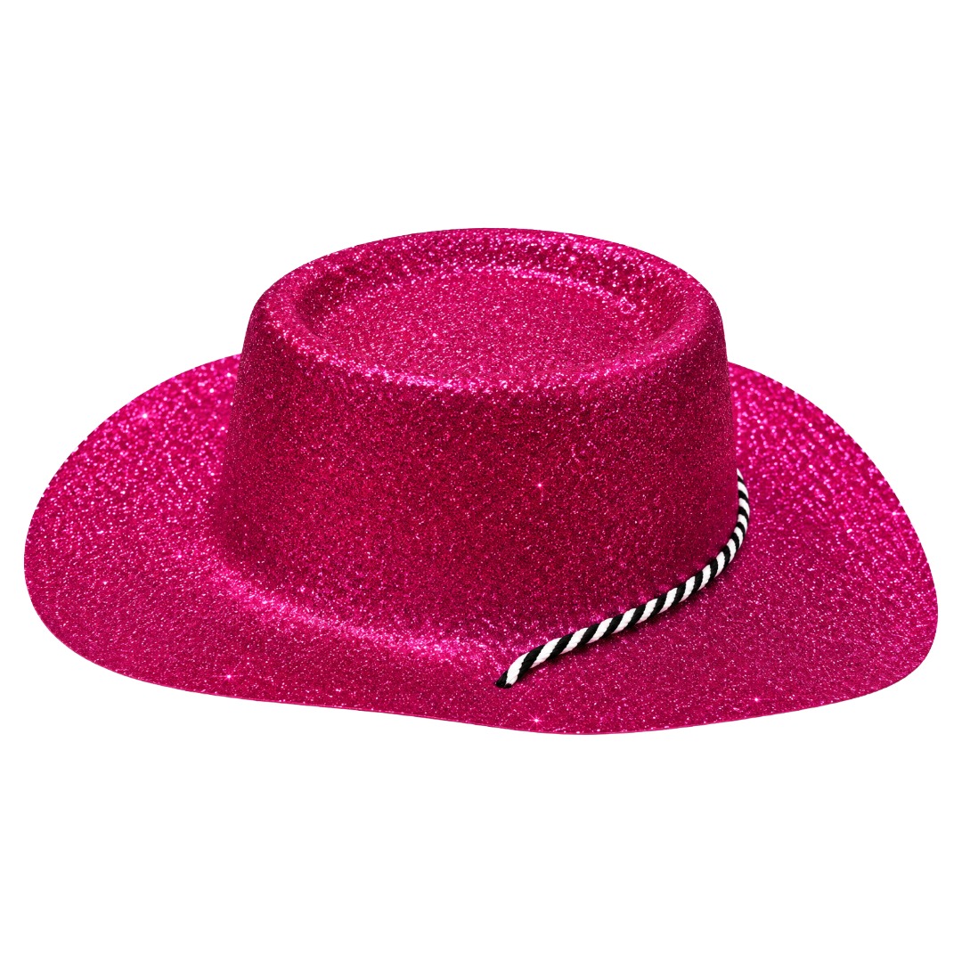 Sparkly Hot Pink Glitter Cowboy Hat With Chin Strap (6pk)