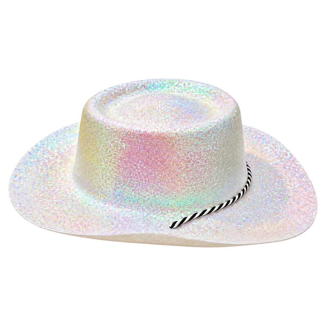 Sparkly Iridescent White Glitter Cowboy Hat With Chin Strap (6pk)