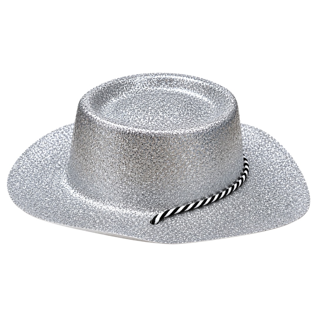 Sparkly Silver Glitter Cowboy Hat With Chin Strap (6pk)