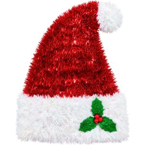 Red & White Tinsel Santa Hat Christmas Decoration with Holly Design (24pk)