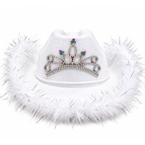 White Princess Tiara Cowboy Hat with Feather & Tinsel Trim