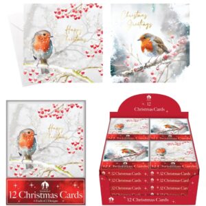 12 XMAS Cards, Acetate Robin and Holly Scene (24pk)